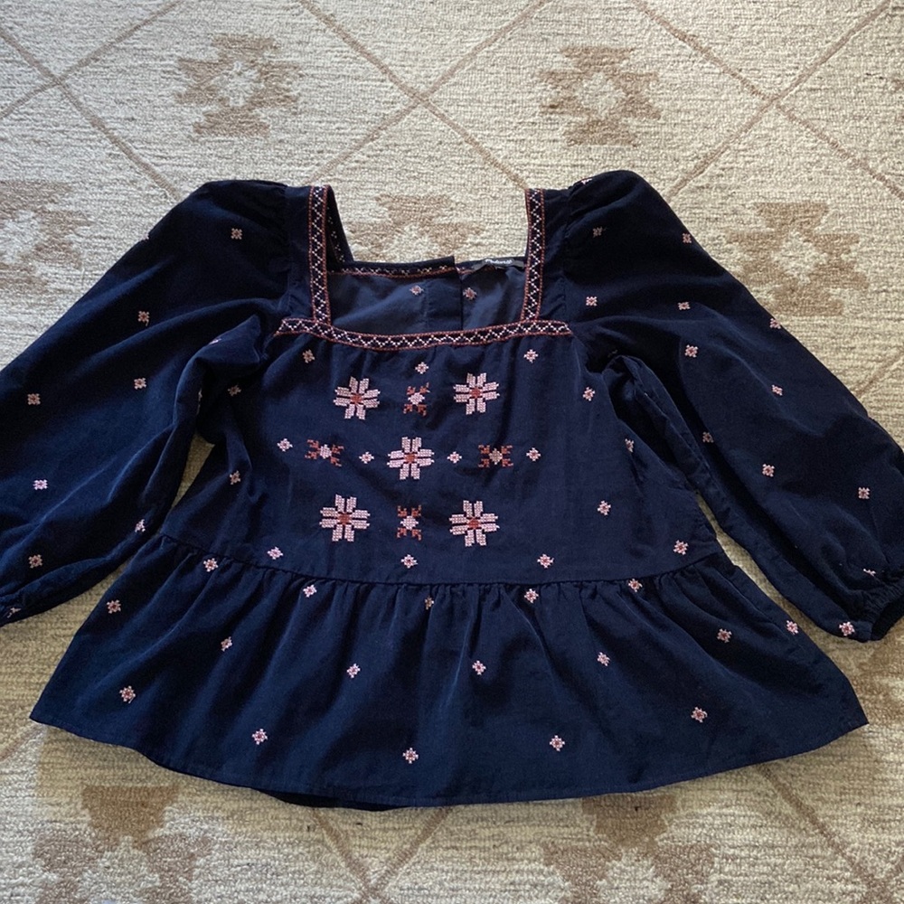 Madewell Embroidered Corduroy Button-back Peplum Top